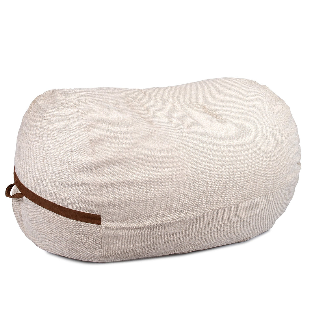 Beige bean bag with brown strap on a white background #color_sandstone-textured-boucle