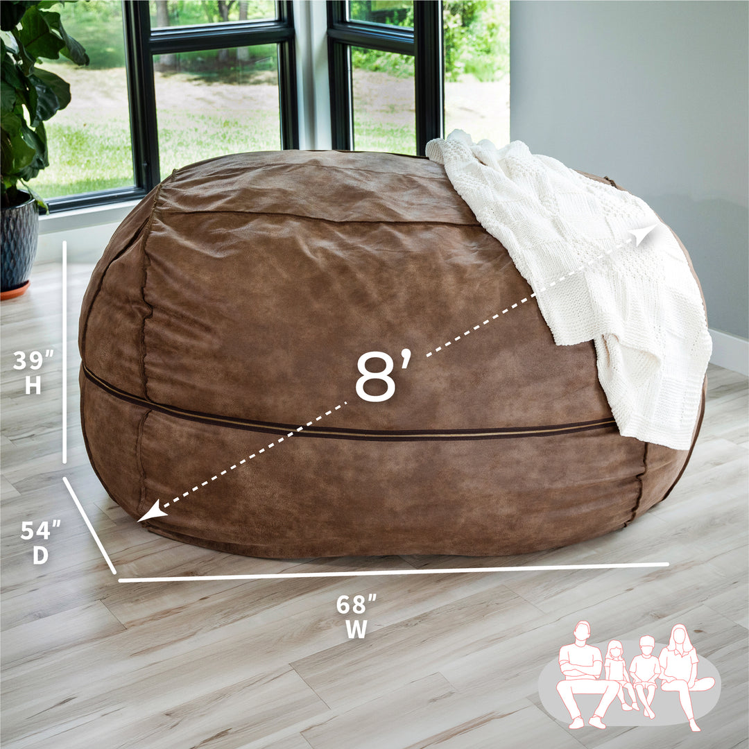 Brown bean bag chair with dimensions and family icon indicating size for four people on a wooden floor. #color_coffee-soft-vegan-leather