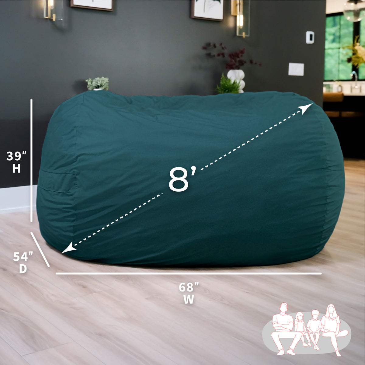 Blue green bean bag with dimensions 