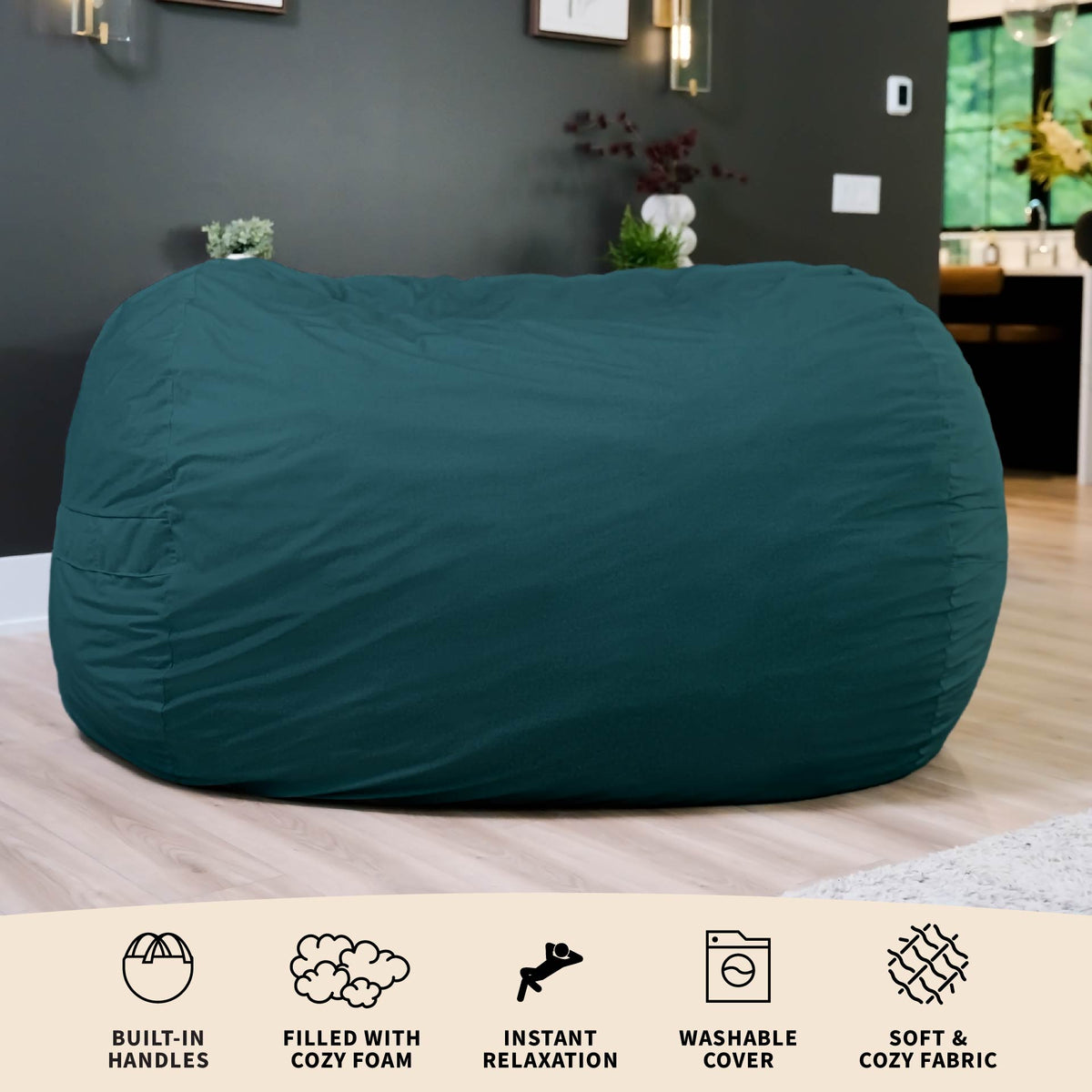 Teal bean bag chair on a bed with features listed below 