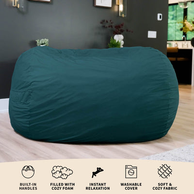 Teal bean bag chair on a bed with features listed below 