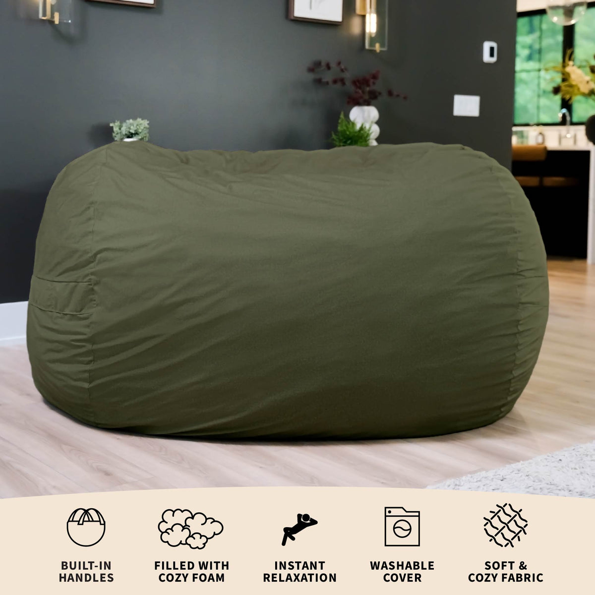 Green bean bag chair on a bed with product features displayed below. 