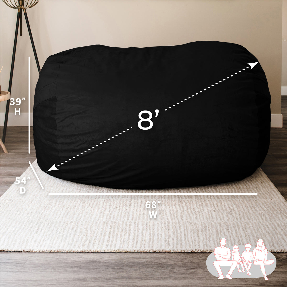 Black bean bag chair with measurements on a neutral background 