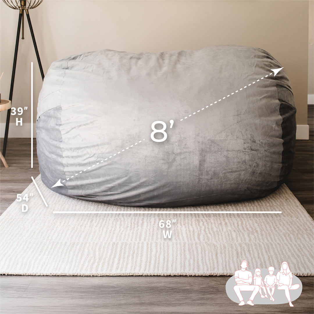 Gray bean bag chair with dimensions labeled on a neutral background #color_gray-plush