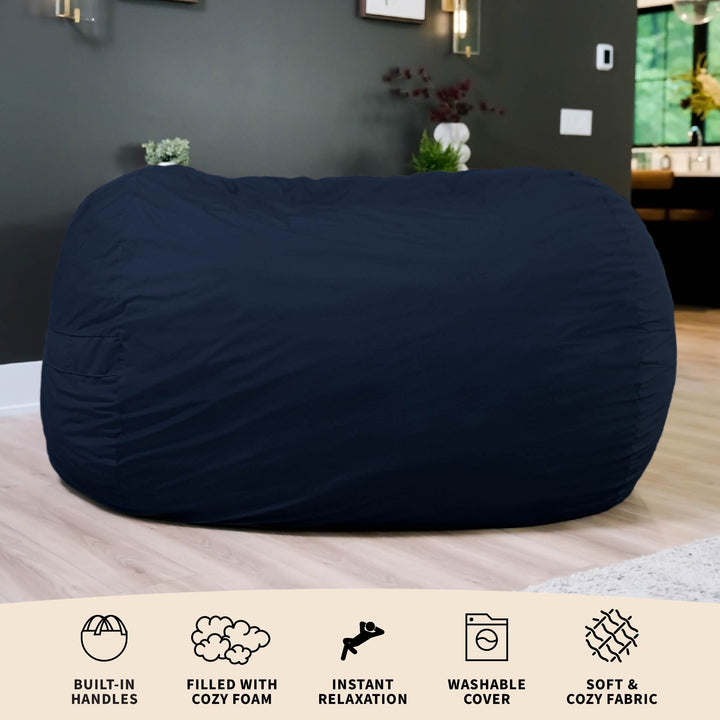 Navy blue bean bag chair in a room with text highlighting features. #color_cobalt-brushed-denim