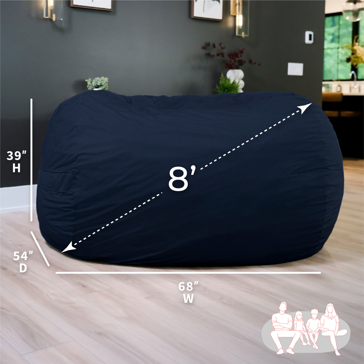 Navy bean bag chair with dimensions labeled in a room setting 