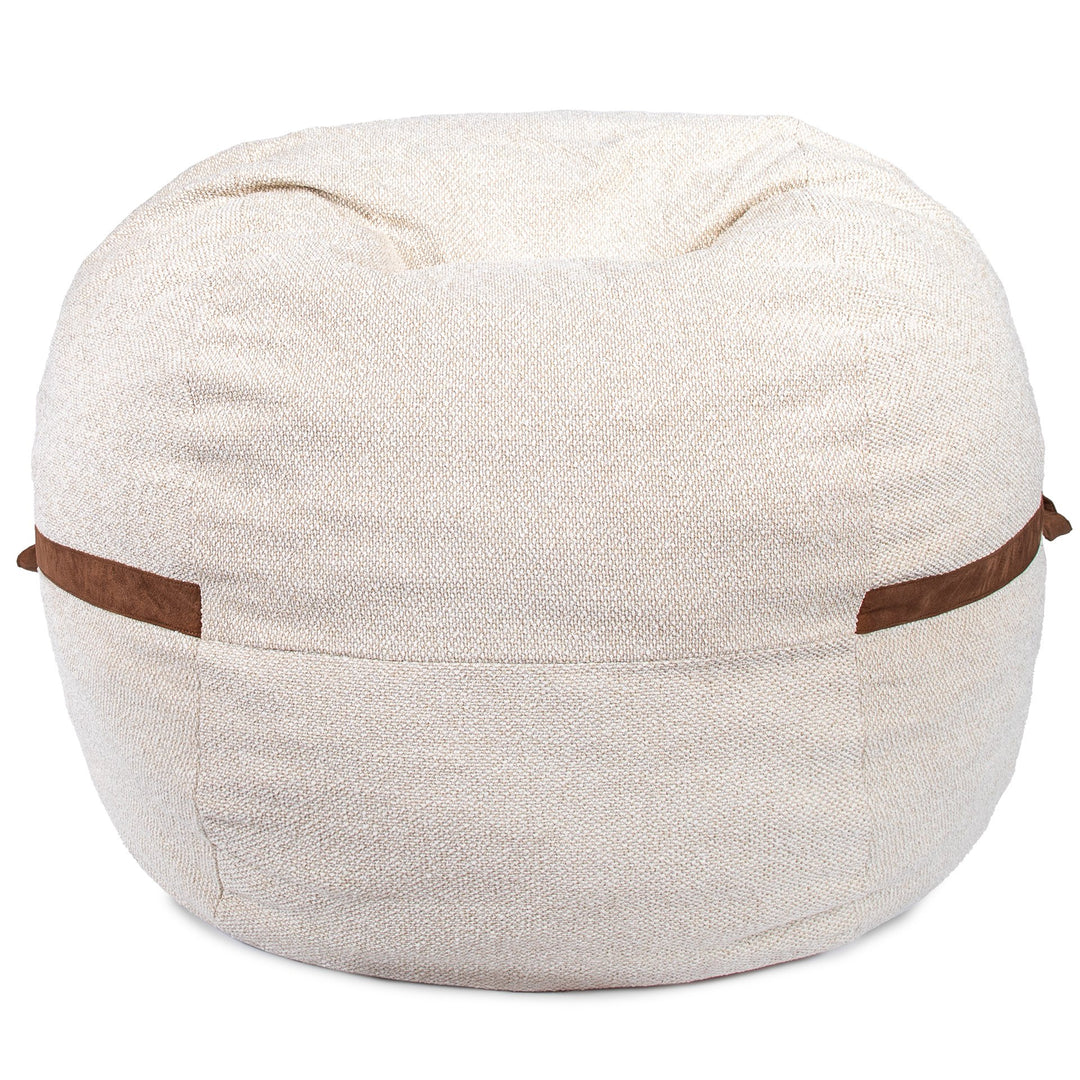 Beige fabric ottoman with brown straps on a white background #color_sandstone-textured-boucle