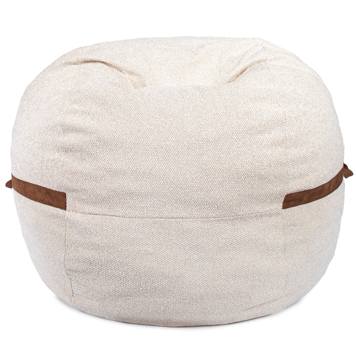 Beige fabric ottoman with brown straps on a white background #color_sandstone-textured-boucle
