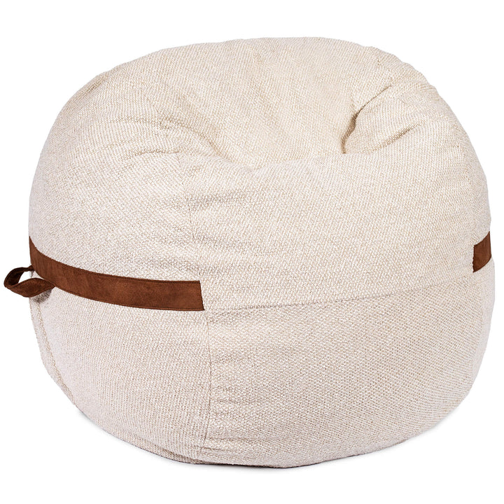 Beige bean bag with brown straps on a white background #color_sandstone-textured-boucle