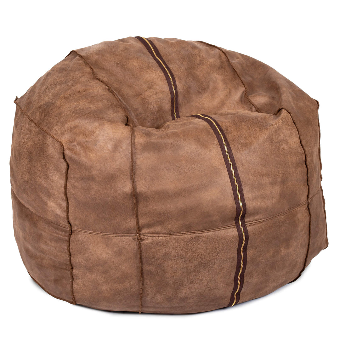 Brown bean bag chair with gold stitching on a white background#color_coffee-soft-vegan-leather 