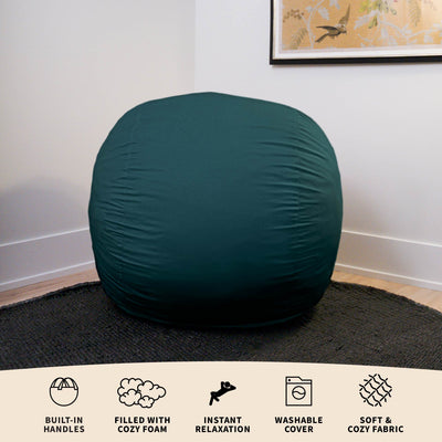 Teal bean bag chair on a black rug with text describing features. 