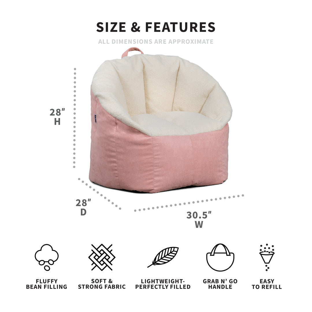 Dimensions for Milano Adult Beanbag chair #color_desert-rose-sherpa-vegan-suede