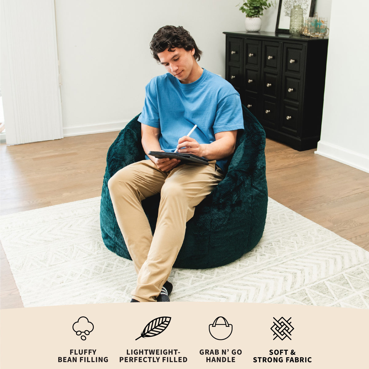 Milano Bean Bag Chair in Emerald Plushie Fabric 