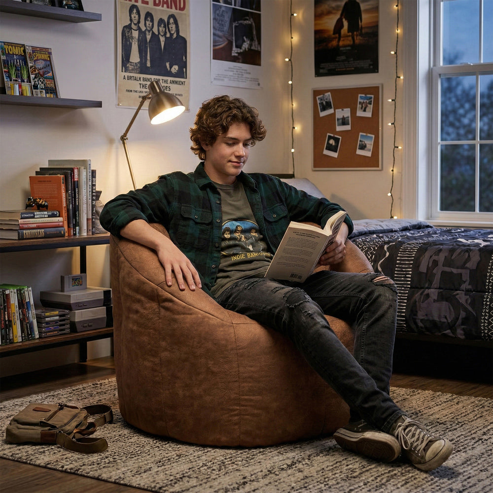 Person sitting on a bean bag chair reading a book in a cozy room with posters and shelves. #color_chestnut-vegan-suede