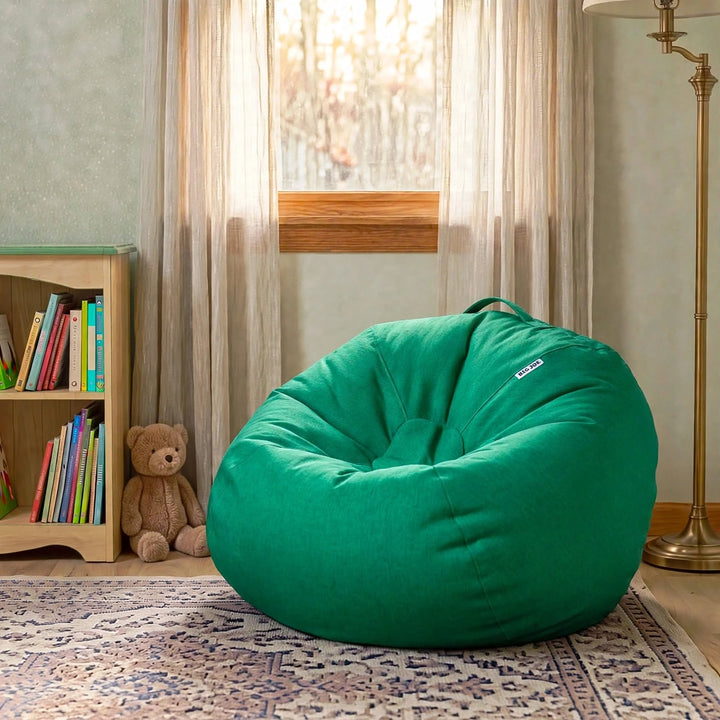 A large green bean bag chair in a cozy child&