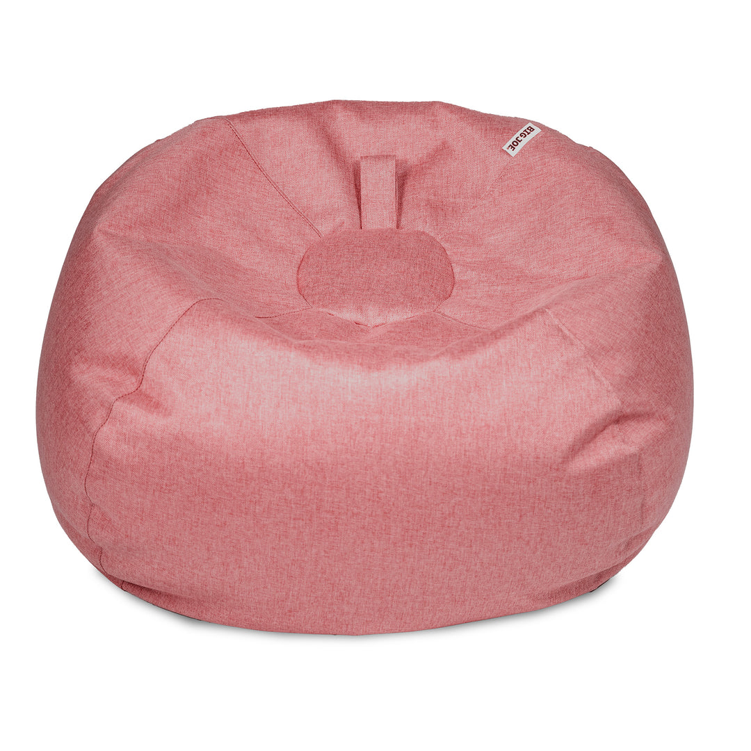 A dusty pink fabric bean bag chair with a small top loop and a small white brand tag, shown on a solid white background. 