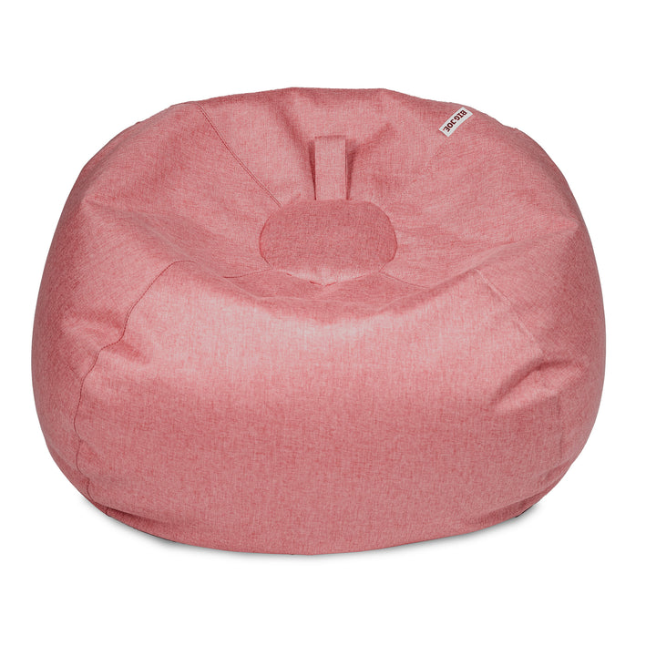 A dusty pink fabric bean bag chair with a small top loop and a small white brand tag, shown on a solid white background. 