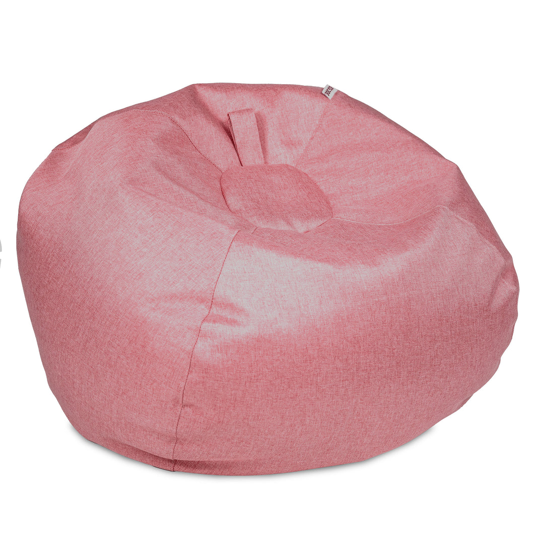 A round, dusty pink fabric bean bag chair with a textured weave, photographed on a solid white background. 