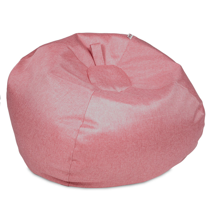 A round, dusty pink fabric bean bag chair with a textured weave, photographed on a solid white background. 