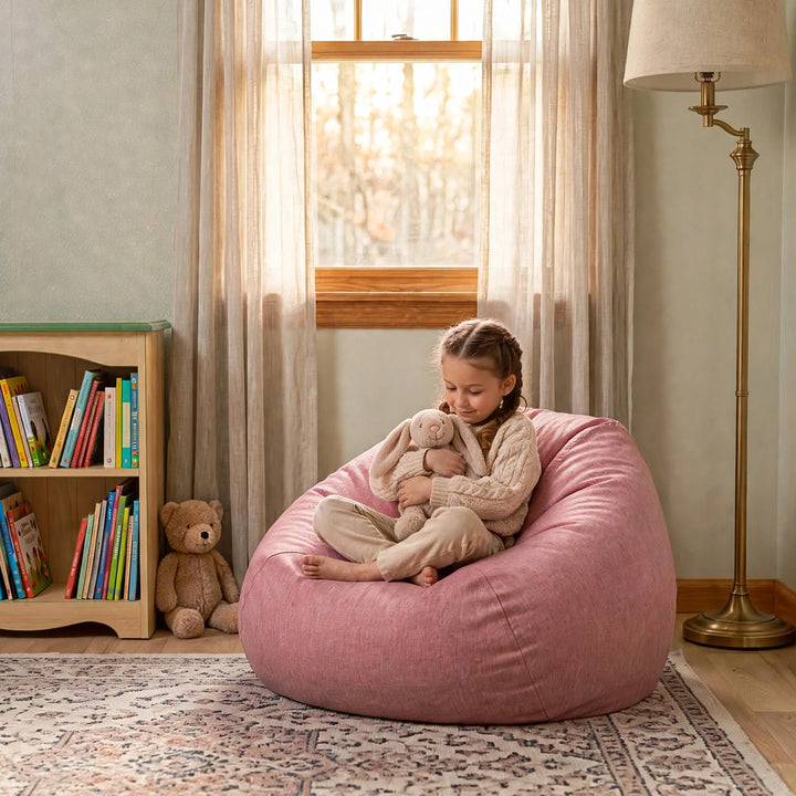 A young girl sits barefoot on a dusty pink fabric bean bag chair in a cozy, sunlit child&