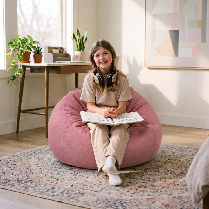 A young girl sits smiling on a large dusty pink bean bag chair in a bright, modern room. She is wearing a beige t-shirt and matching pants, with black and gold headphones around her neck and an open notebook in her lap. 