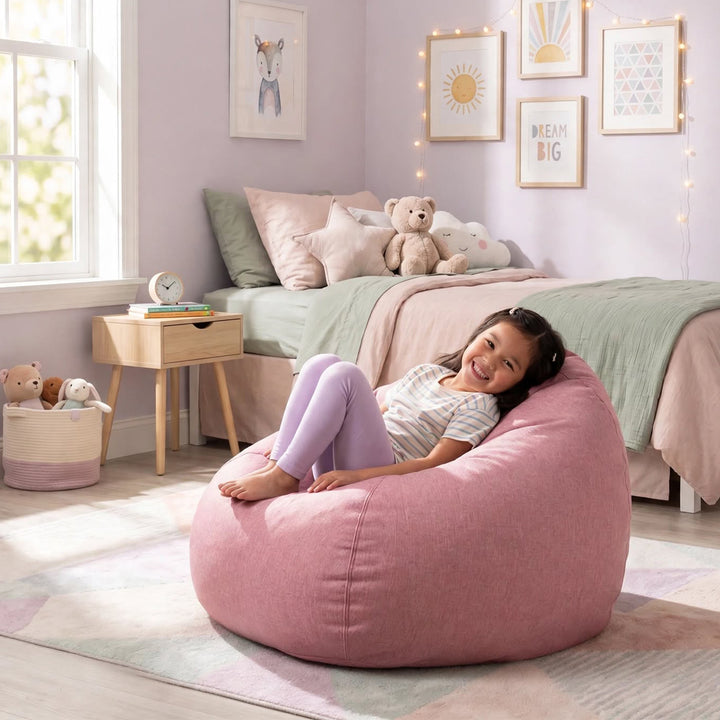 A young girl smiling while reclining on a large dusty pink fabric bean bag chair in a cozy, pastel-colored bedroom. 