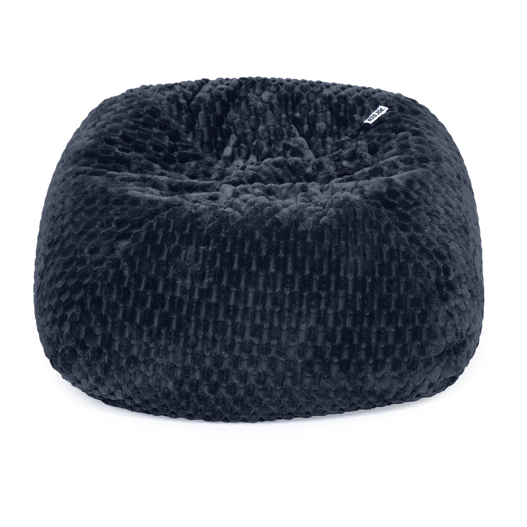 A round, plush bean bag chair in a dark charcoal gray textured fabric, shown against a plain white background. 