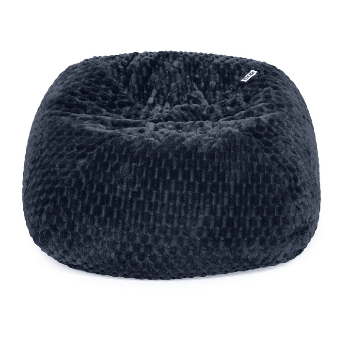 A round, plush bean bag chair in a dark charcoal gray textured fabric, shown against a plain white background. 