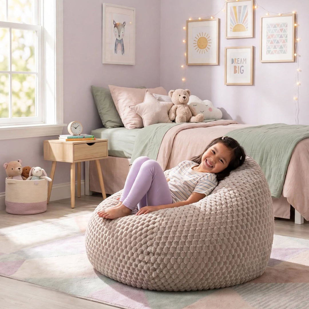 A young girl lies on a large, textured beige bean bag chair in a beautifully decorated children&