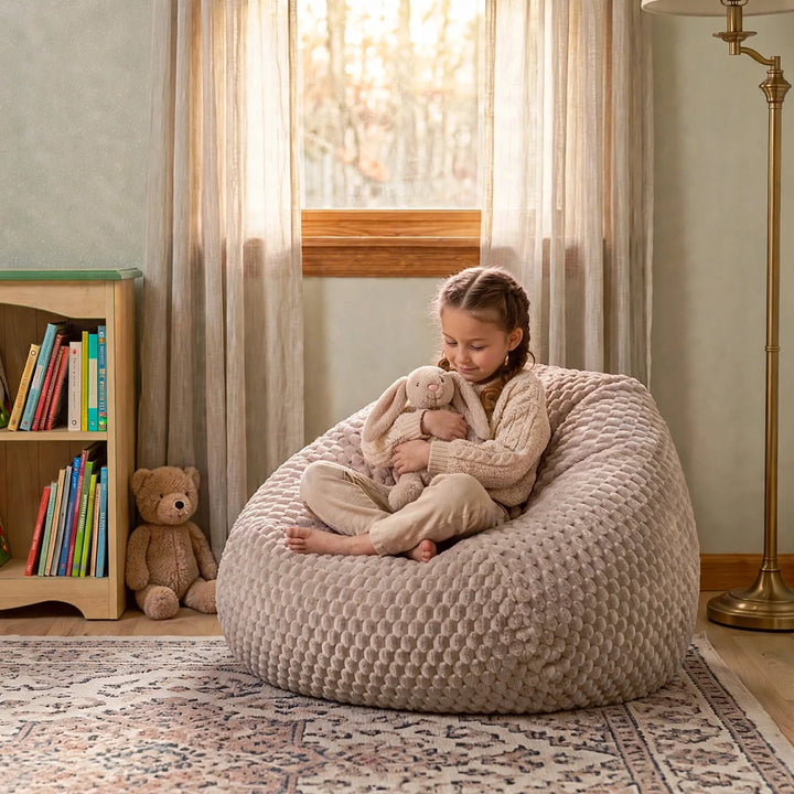 A young girl sits barefoot on a large, textured beige bean bag chair in a cozy child&