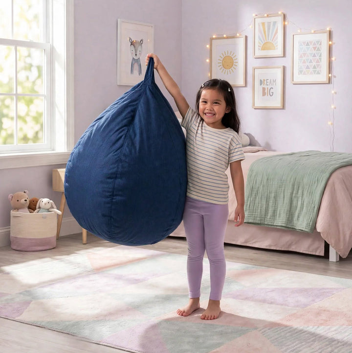 A young girl stands barefoot in a pastel bedroom, holding up a large navy blue bean bag chair. The room features light lavender walls, framed art, a bed with a green blanket, and a colorful geometric rug. 