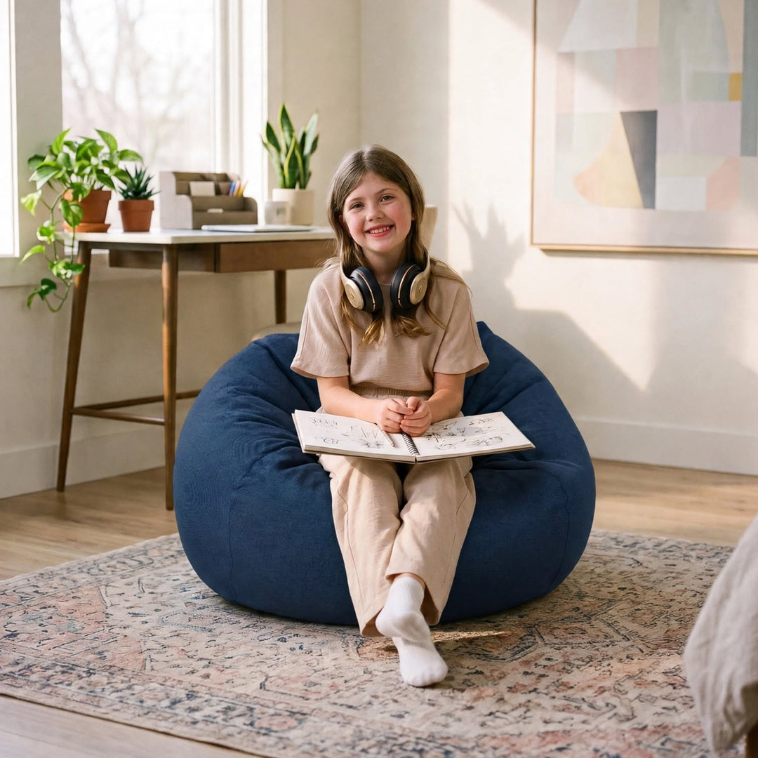 A young girl with long light brown hair sits smiling in a navy blue beanbag chair on a patterned area rug inside a bright, modern room. She is wearing a beige t-shirt and matching pants, with black headphones around her neck and an open book in her lap. 