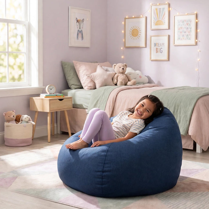 A young girl lies smiling on a large navy blue bean bag chair in a styled children&