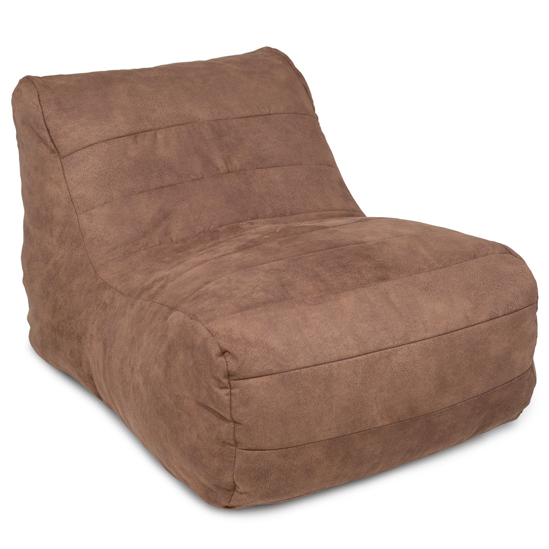A brown suede-like fabric bean bag chair with a high back and curved seat, shown on a plain white background. 