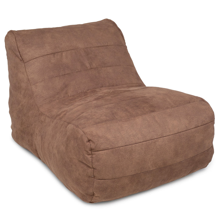 A brown suede-like fabric bean bag chair with a high back and curved seat, shown on a plain white background. 