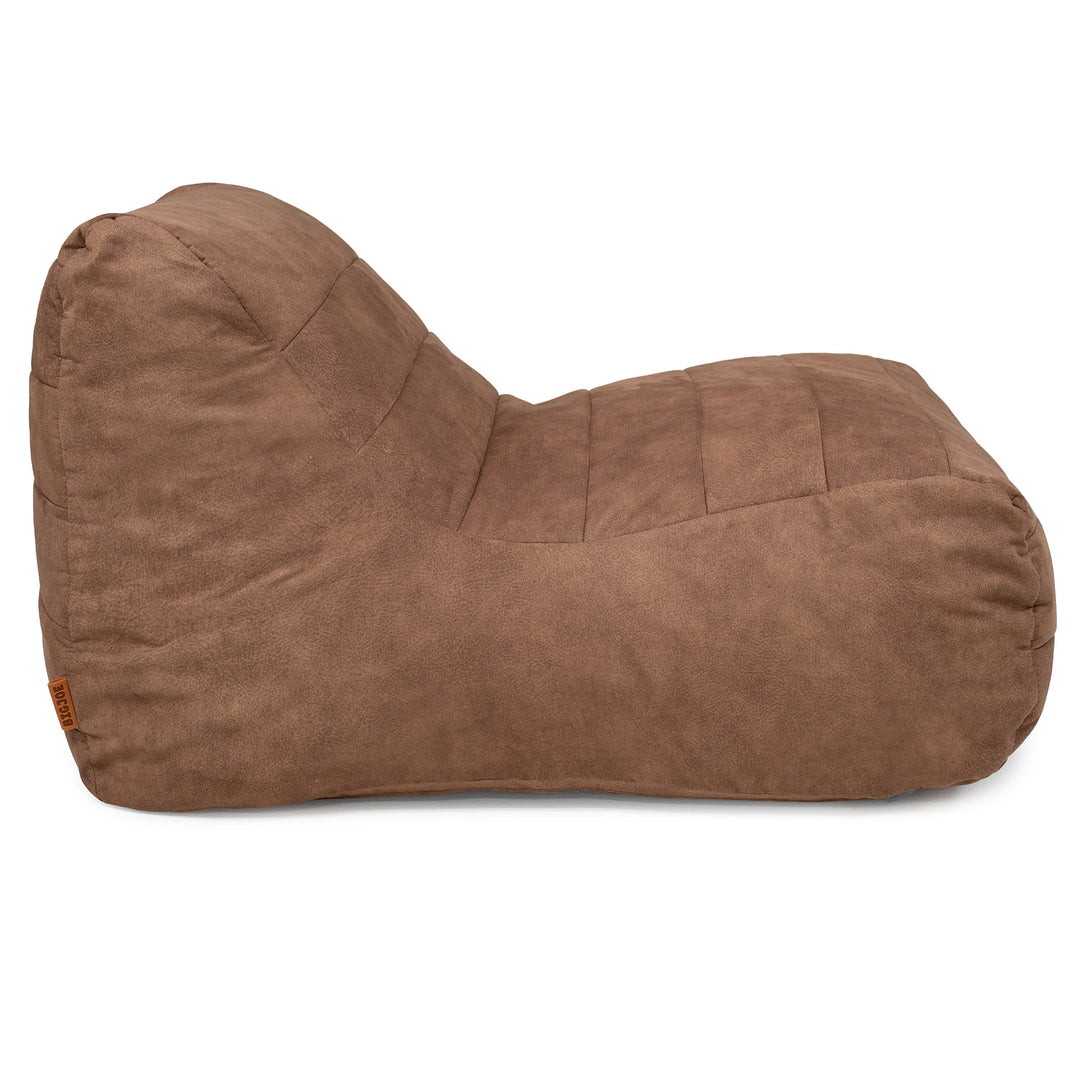 A brown suede-like slouchy bean bag chair with a quilted design, shown from a side profile on a white background. 
