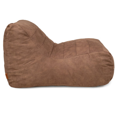 A brown suede-like slouchy bean bag chair with a quilted design, shown from a side profile on a white background. 