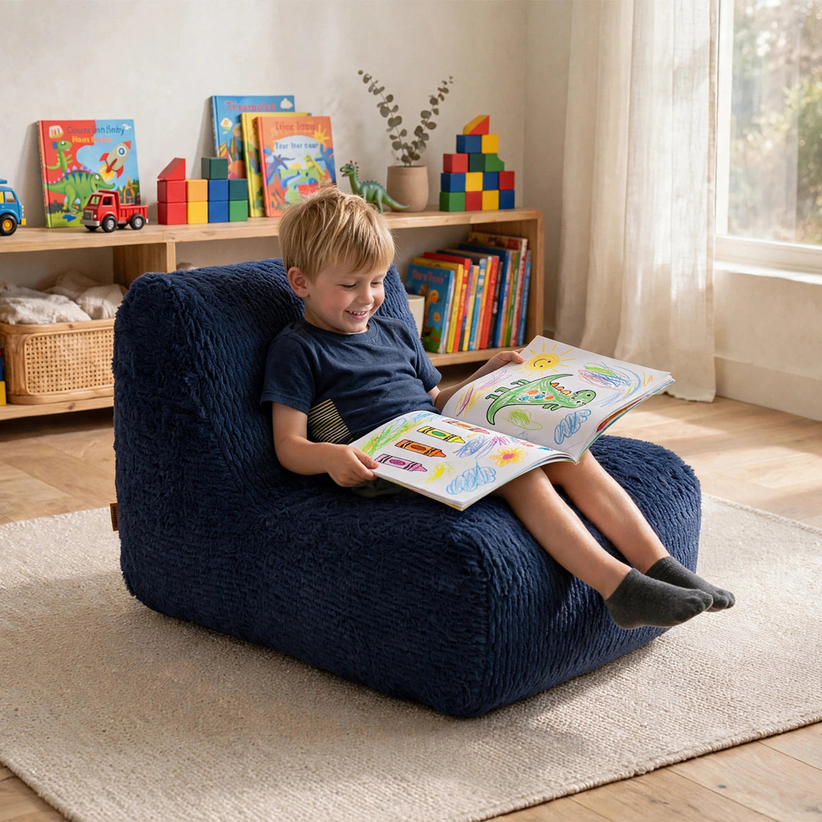A young boy sits smiling in a dark navy blue textured bean bag chair, reading a colorful book in a bright children's room with wooden floors, a bookshelf, and a window. 