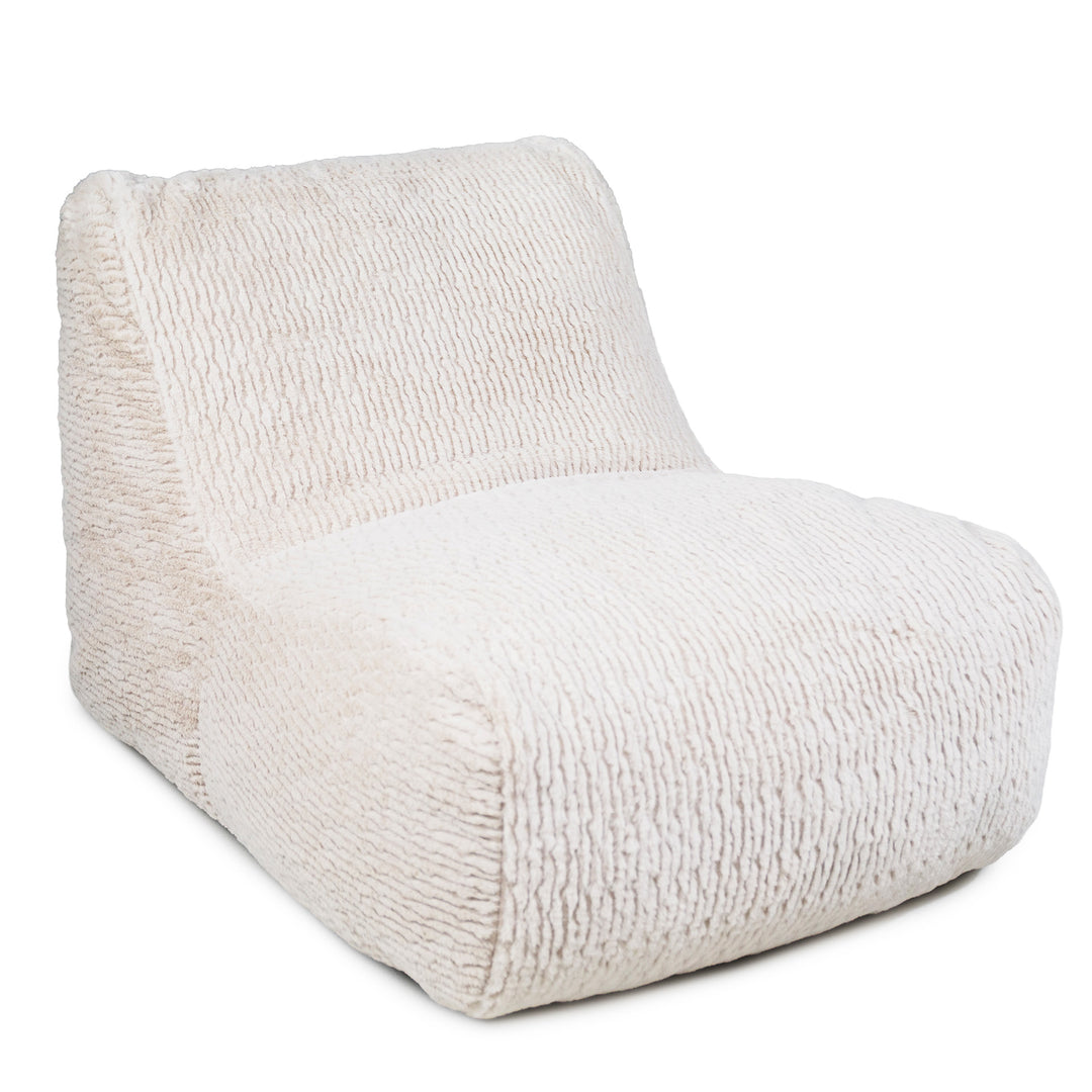 A cream-colored textured fabric lounge chair with a high back, shown on a solid white background. 