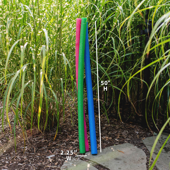 Three foam pool noodles in pink, green, and blue standing upright in a garden, with a white height marker showing 50 inches and a width marker showing 2.25 inches. 