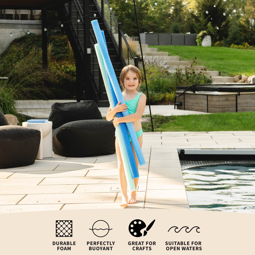 A young girl in a swimsuit stands by a poolside patio holding three long blue foam pool noodles. The image includes feature icons and text at the bottom stating &