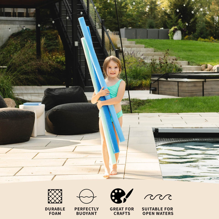 A young girl in a swimsuit stands by a poolside patio holding three long blue foam pool noodles. The image includes feature icons and text at the bottom stating &