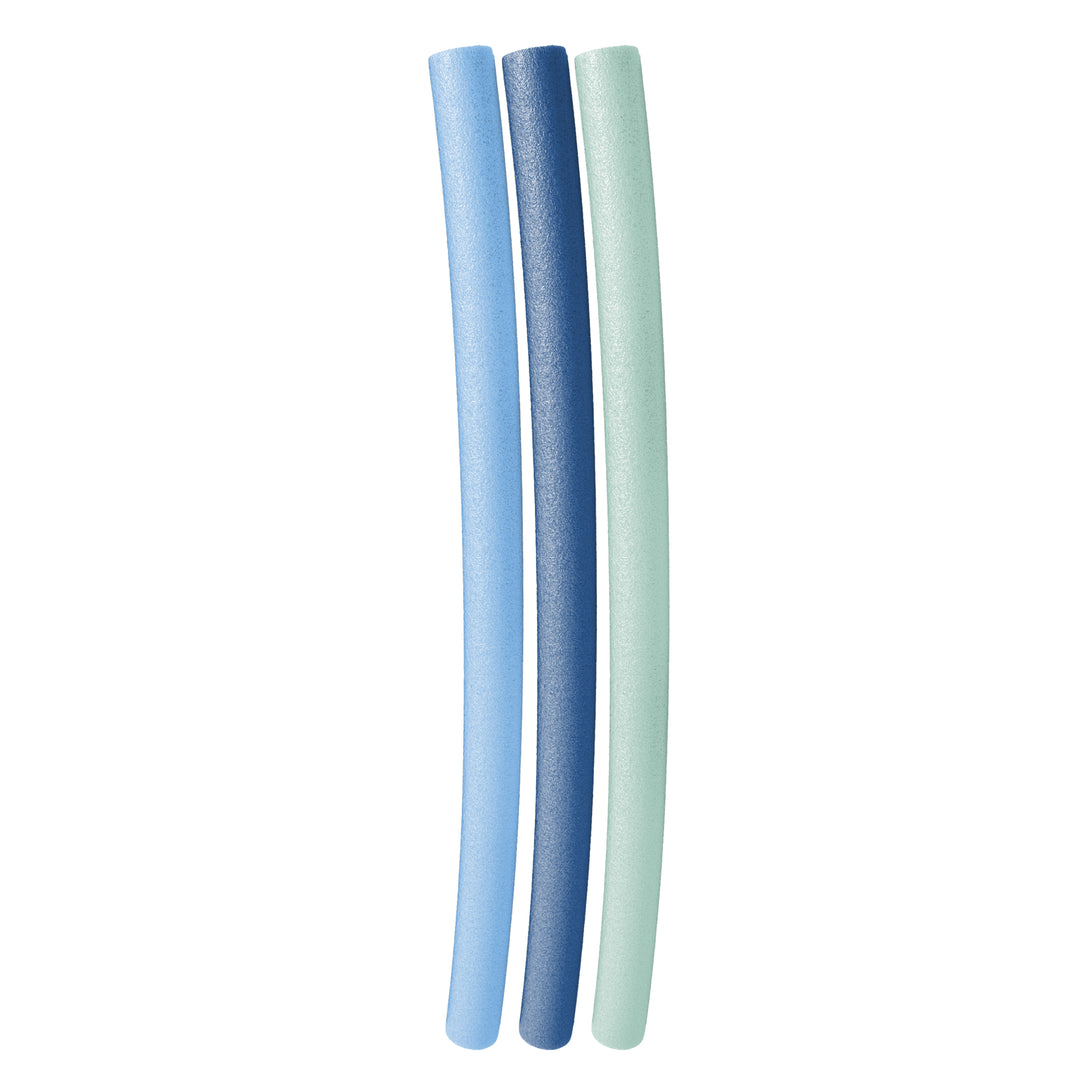 Three curved pool noodles in light blue, medium blue, and mint green, arranged vertically on a plain white background. 