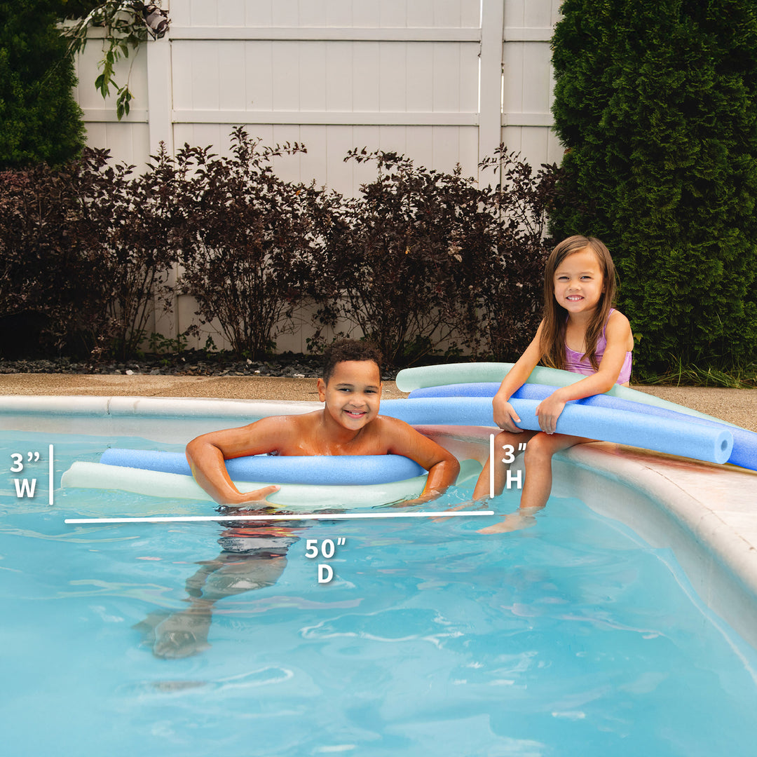 A boy and a girl sitting in a swimming pool with a blue and white pool noodle float. White text overlays show dimensions: 3" width, 50" diameter, and 3" height. 