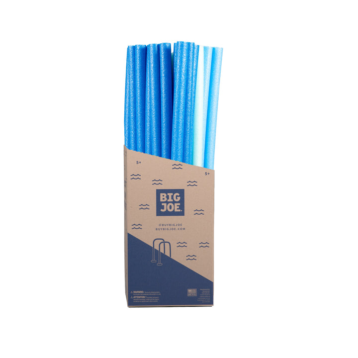 A package of pool noodles from Big Joe Pools, featuring several blue pool noodles sticking out of a tan and navy cardboard box on a white background. 