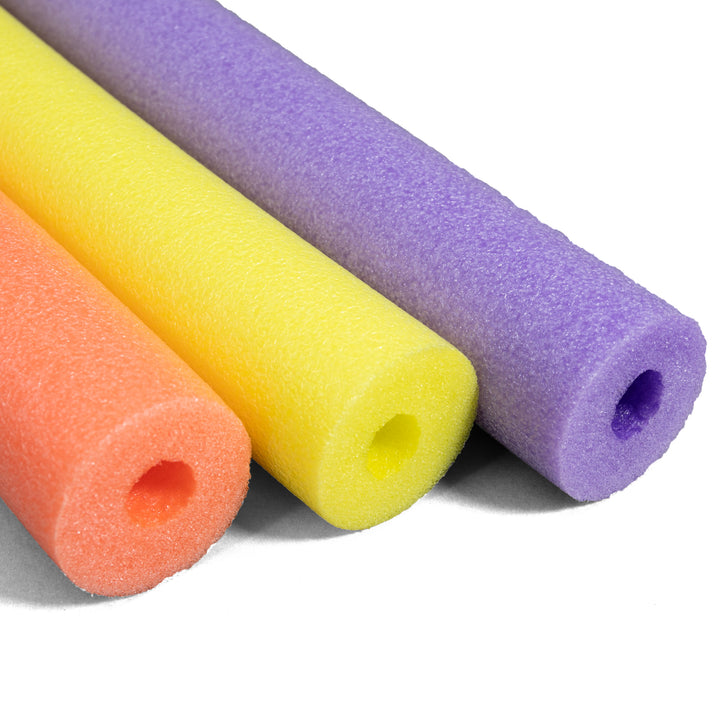 Three pool noodles in orange, yellow, and purple on a white background 