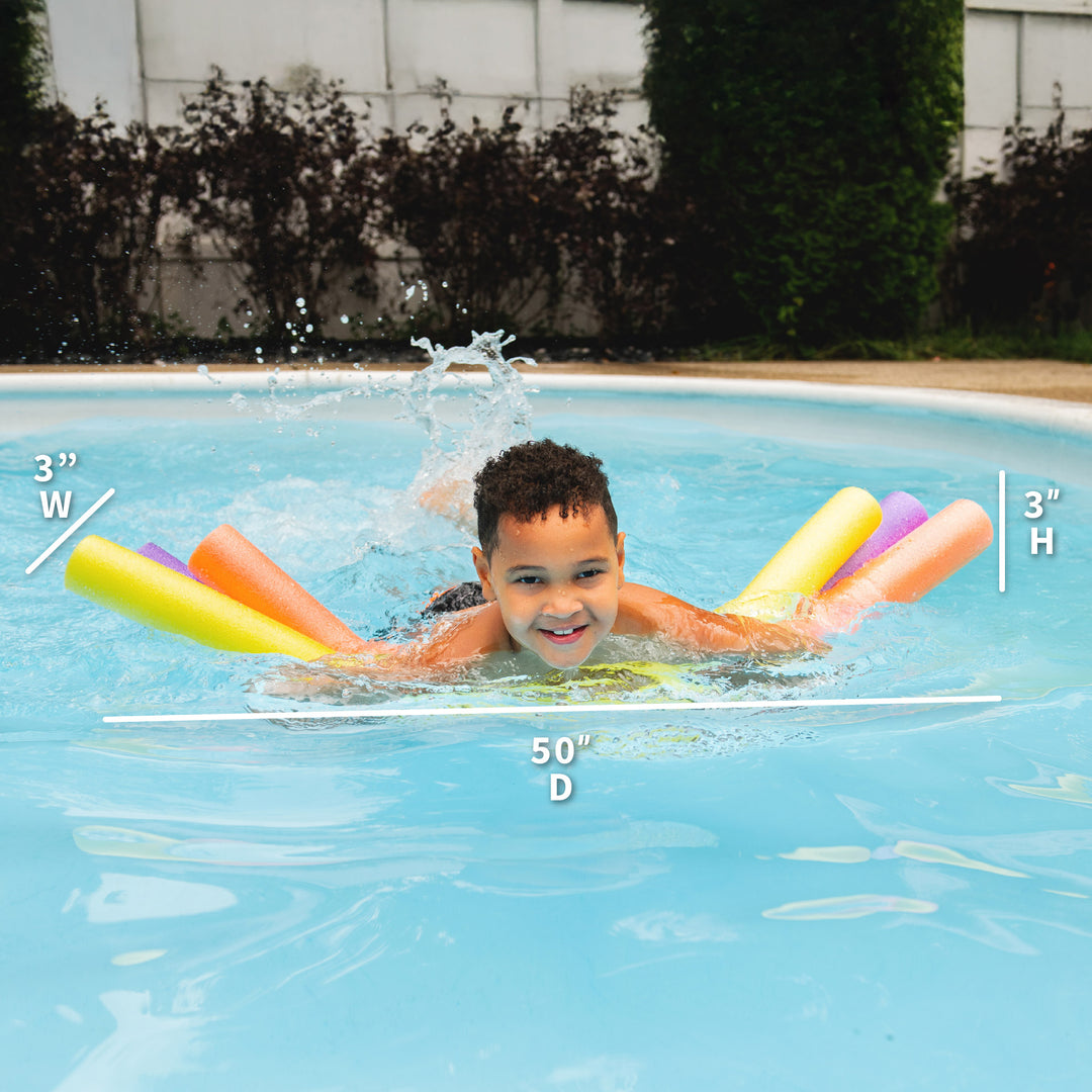 A child swimming in a pool with a colorful foam arm float, with measurement overlays showing width, height, and depth dimensions. 