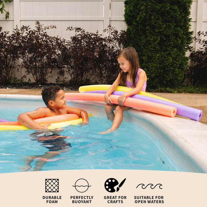 Two children playing in a swimming pool with colorful foam pool noodles, with a beige informational banner at the bottom showing product features like durable foam, perfectly buoyant, great for crafts, and suitable for open waters. 