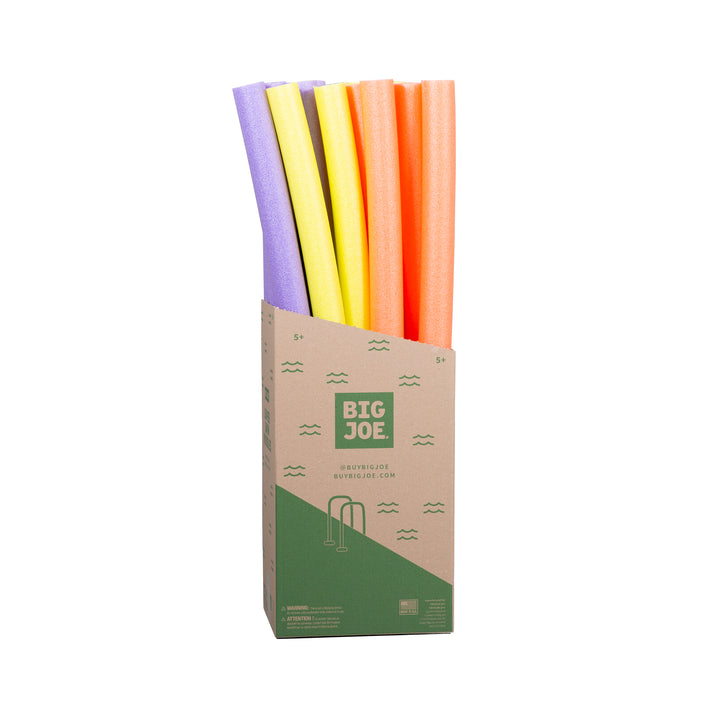 A set of six colorful pool noodles in purple, yellow, and orange, partially pulled out of a brown cardboard packaging box with green branding, set against a plain white background. 