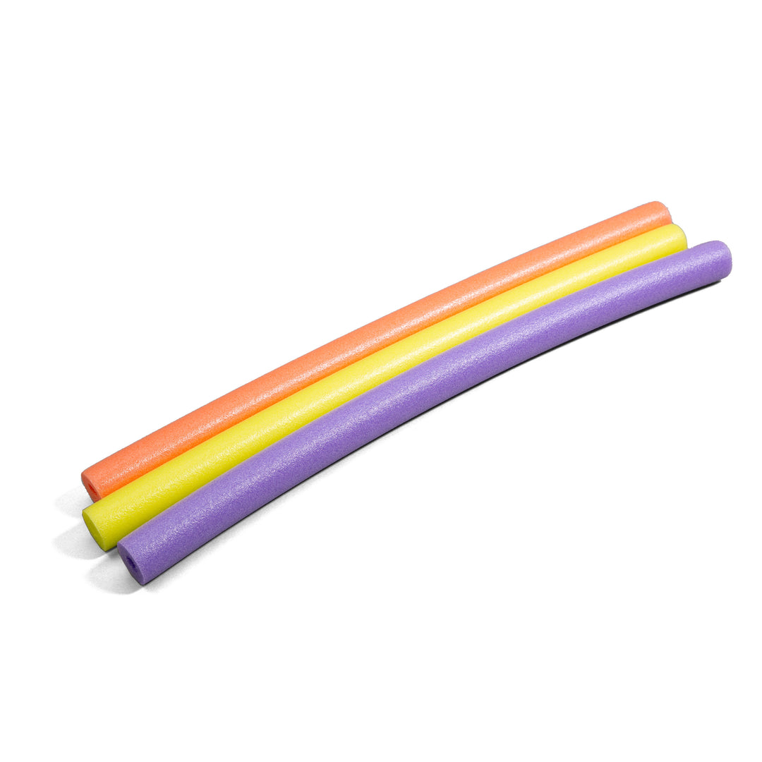 Three colorful pool noodles in orange, yellow, and purple on a white background 